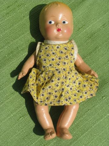 photo of vintage composition baby doll in handmade 30s-40s print cotton dress #2