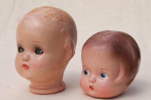 photo of vintage composition dolls heads, little girl & baby doll w/ sleep eyes #1