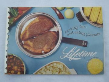 catalog photo of vintage cookbook w/ catalog Lifetime stainless cookware, pots and pans