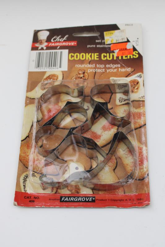 photo of vintage cookie cutter set in original package dated 1980, stainless metal cookie cutters #1