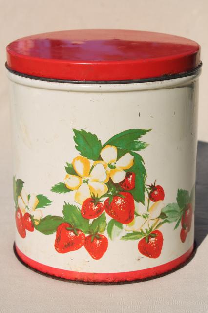 photo of vintage cookie jar tin, red strawberry print metal kitchen counter canister #1