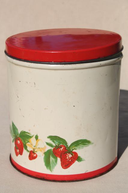 photo of vintage cookie jar tin, red strawberry print metal kitchen counter canister #2