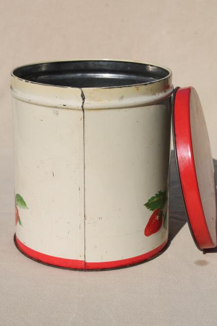 photo of vintage cookie jar tin, red strawberry print metal kitchen counter canister #3