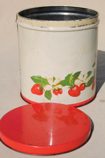 photo of vintage cookie jar tin, red strawberry print metal kitchen counter canister #4