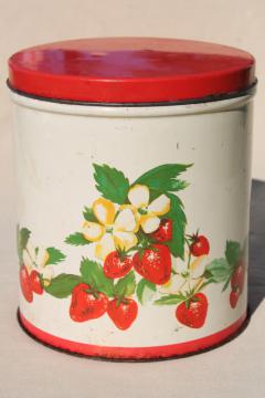 catalog photo of vintage cookie jar tin, red strawberry print metal kitchen counter canister