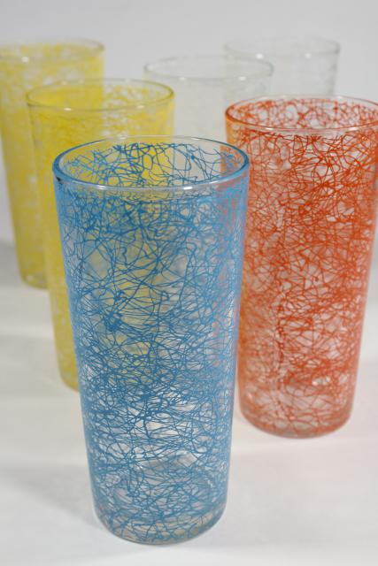 photo of vintage coolers w/ squiggle string in retro colors, big tall heavy glass drinking glasses #1
