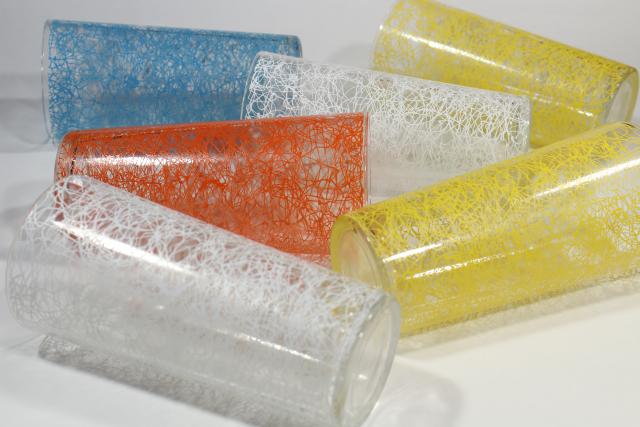 photo of vintage coolers w/ squiggle string in retro colors, big tall heavy glass drinking glasses #2