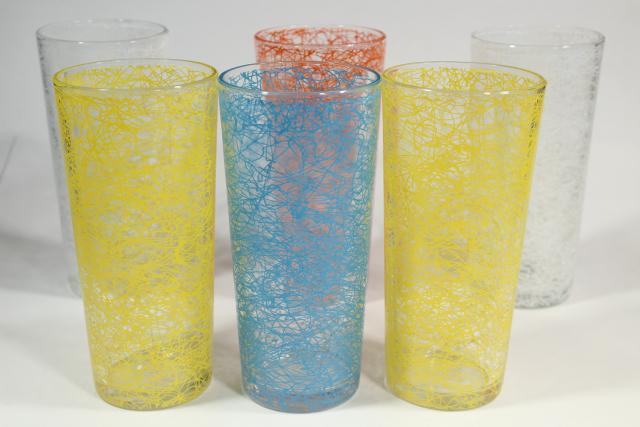 photo of vintage coolers w/ squiggle string in retro colors, big tall heavy glass drinking glasses #3