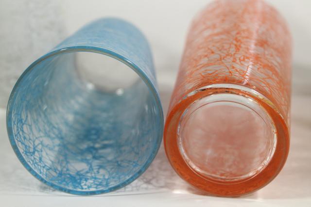 photo of vintage coolers w/ squiggle string in retro colors, big tall heavy glass drinking glasses #8