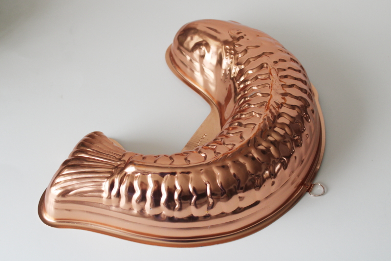 photo of vintage copper aluminum jello mold, large fish shaped mold w/ hanging loop for kitchen wall decor  #2