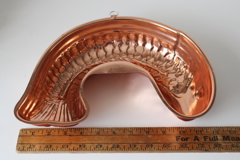 photo of vintage copper aluminum jello mold, large fish shaped mold w/ hanging loop for kitchen wall decor  #5