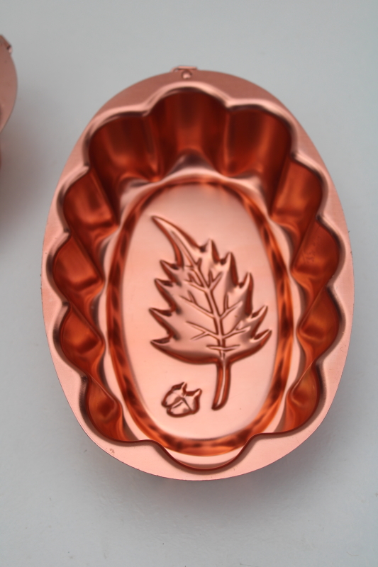 photo of vintage copper aluminum jello molds set, four seasons Spring Summer Fall Winter w/ wall hanging hooks #8