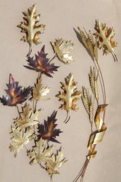 catalog photo of vintage copper & brass metal wall art for fall, autumn leaves & wheat sheaf