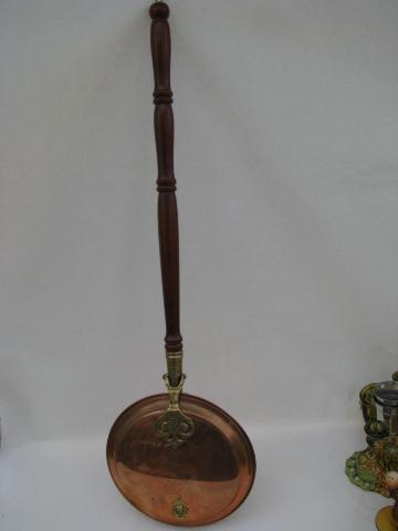 photo of vintage copper and brass bed warmer, warming pan w/ long wood handle #1