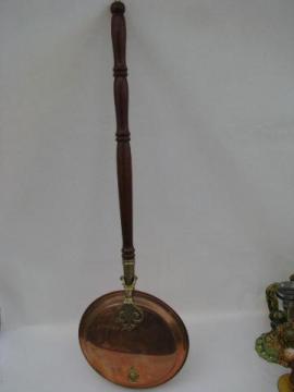 catalog photo of vintage copper and brass bed warmer, warming pan w/ long wood handle