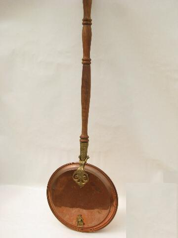 photo of vintage copper and brass bed warmer, warming pan w/ long wood handle #1