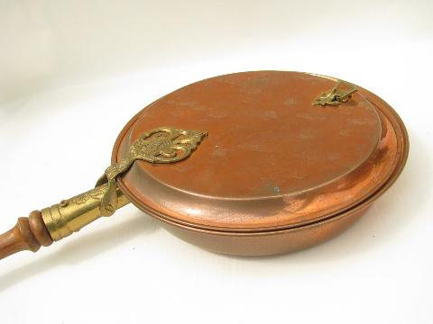 photo of vintage copper and brass bed warmer, warming pan w/ long wood handle #2