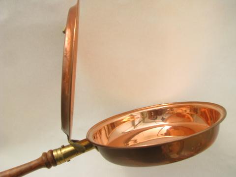 photo of vintage copper and brass bed warmer, warming pan w/ long wood handle #4