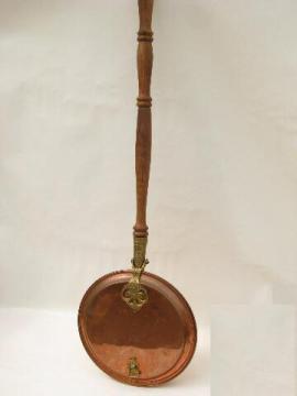 catalog photo of vintage copper and brass bed warmer, warming pan w/ long wood handle