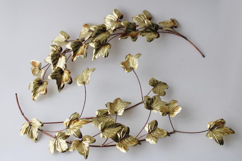 photo of vintage copper and brass metal art wall plaques, leaf branches, ivy leaves #1