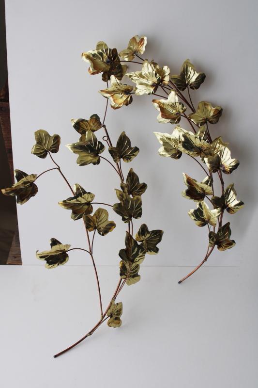 photo of vintage copper and brass metal art wall plaques, leaf branches, ivy leaves #2