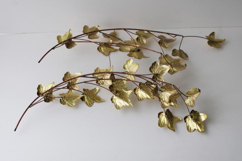 photo of vintage copper and brass metal art wall plaques, leaf branches, ivy leaves #4