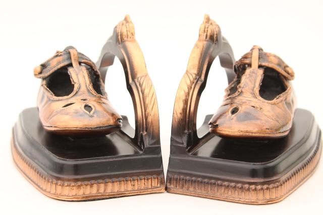 photo of vintage copper baby shoes, pair of bookends w/ little mary janes #1