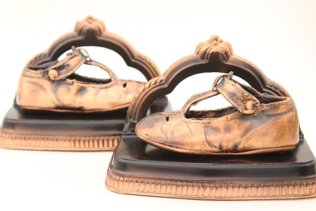 photo of vintage copper baby shoes, pair of bookends w/ little mary janes #2