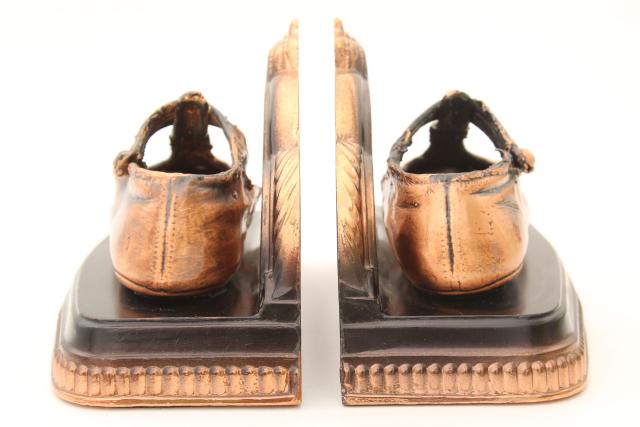 photo of vintage copper baby shoes, pair of bookends w/ little mary janes #5