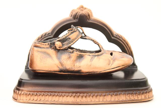 photo of vintage copper baby shoes, pair of bookends w/ little mary janes #6