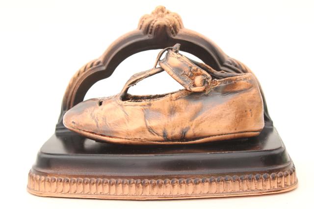 photo of vintage copper baby shoes, pair of bookends w/ little mary janes #7