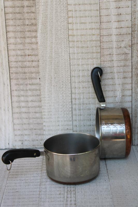 photo of vintage copper bottom Revere Ware sauce pans, tiny one cup toy kitchen size working cookware #1