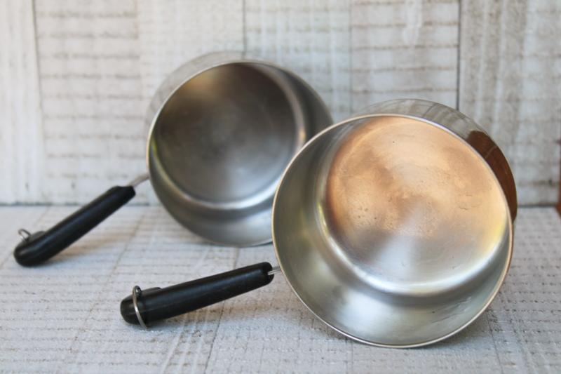 photo of vintage copper bottom Revere Ware sauce pans, tiny one cup toy kitchen size working cookware #2