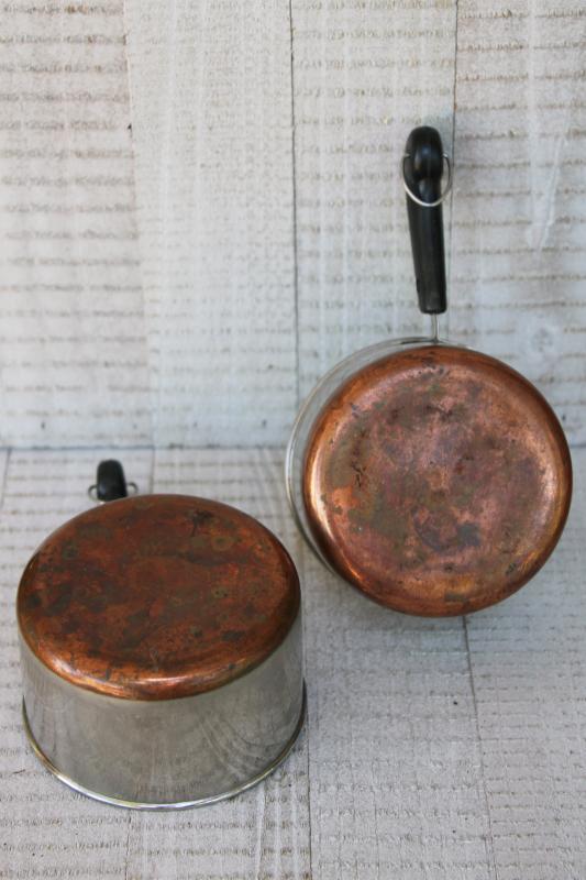 photo of vintage copper bottom Revere Ware sauce pans, tiny one cup toy kitchen size working cookware #4