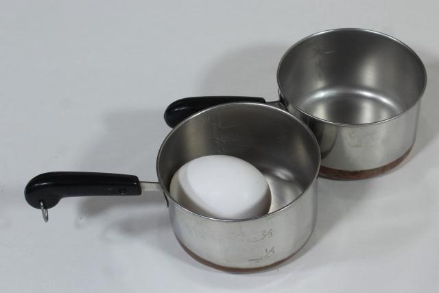 photo of vintage copper bottom Revere Ware sauce pans, tiny one cup toy kitchen size working cookware #2