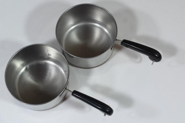 photo of vintage copper bottom Revere Ware sauce pans, tiny one cup toy kitchen size working cookware #5