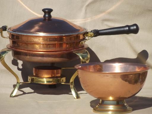 photo of vintage copper & brass buffet serving set, chafing dish & large bowl #1