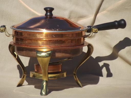 photo of vintage copper & brass buffet serving set, chafing dish & large bowl #5