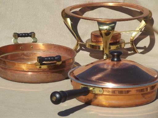 photo of vintage copper & brass buffet serving set, chafing dish & large bowl #6