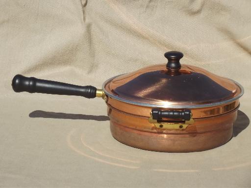 photo of vintage copper & brass buffet serving set, chafing dish & large bowl #9