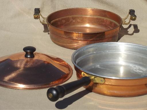 photo of vintage copper & brass buffet serving set, chafing dish & large bowl #10