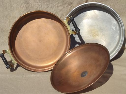 photo of vintage copper & brass buffet serving set, chafing dish & large bowl #11