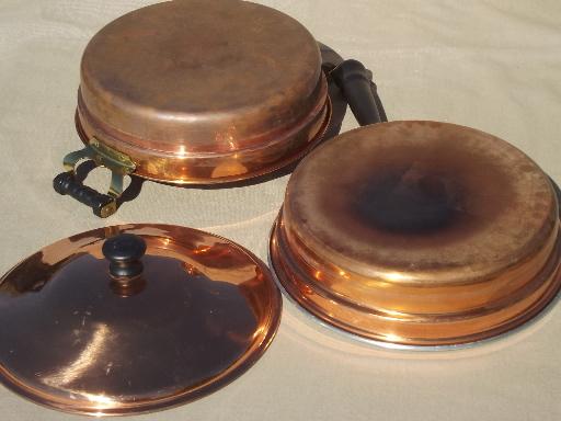 photo of vintage copper & brass buffet serving set, chafing dish & large bowl #12