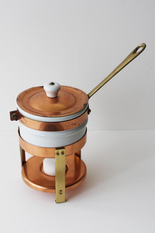 photo of vintage copper & brass sauce warmer, tiny chafing dish w/ candle stand, ironstone pan #1