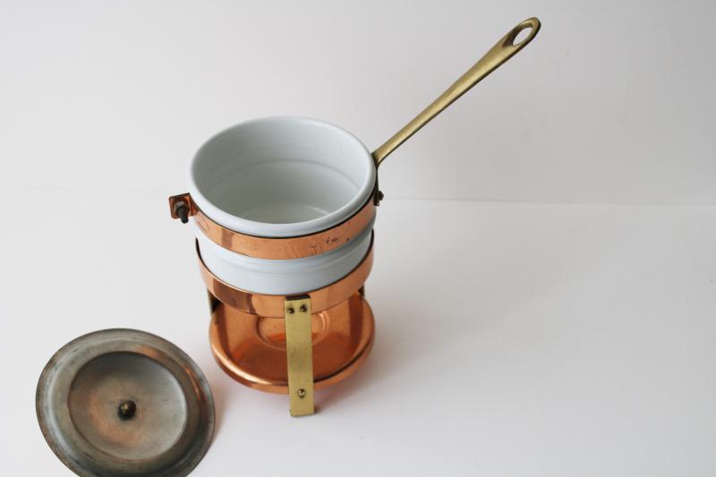 photo of vintage copper & brass sauce warmer, tiny chafing dish w/ candle stand, ironstone pan #4