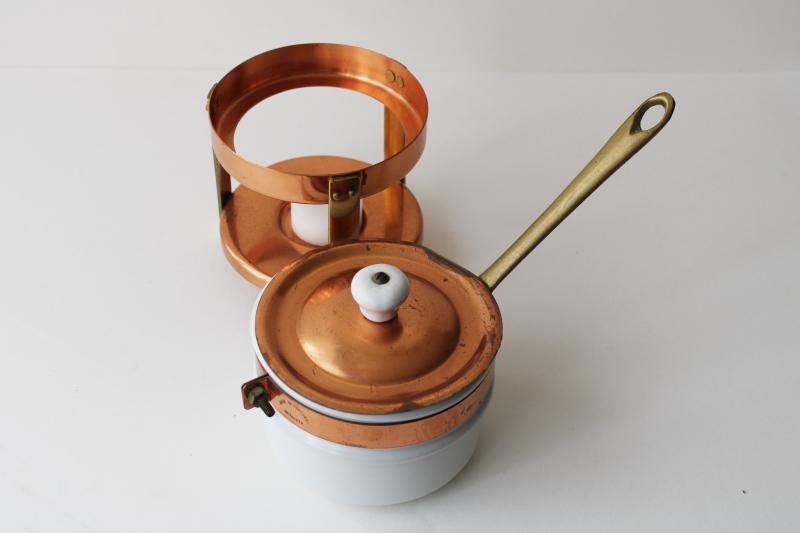 photo of vintage copper & brass sauce warmer, tiny chafing dish w/ candle stand, ironstone pan #6