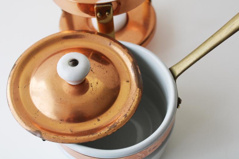 photo of vintage copper & brass sauce warmer, tiny chafing dish w/ candle stand, ironstone pan #7