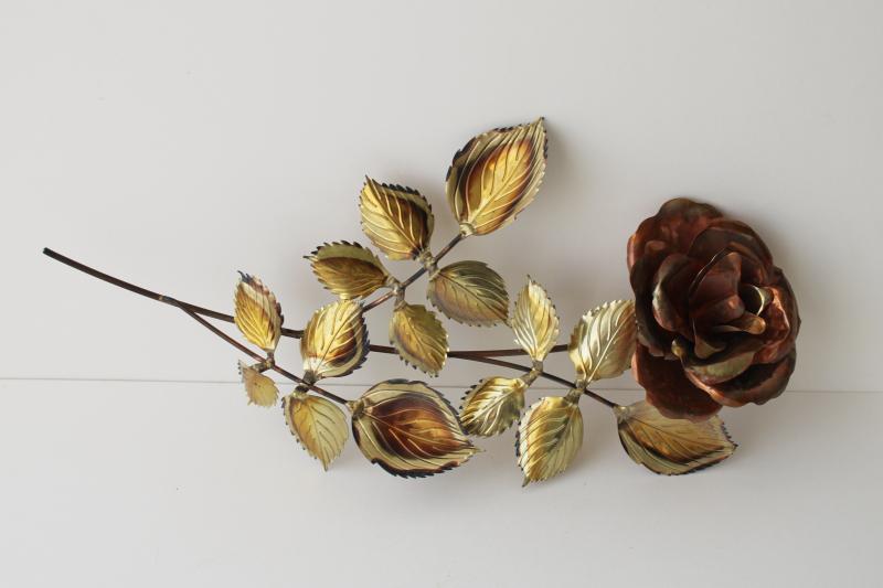 photo of vintage copper & brass wall hanging, large rose w/ leaves, hand wrought metal art  #1