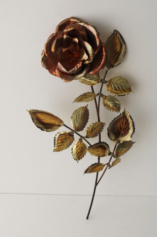 photo of vintage copper & brass wall hanging, large rose w/ leaves, hand wrought metal art  #2