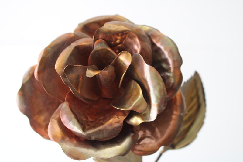 photo of vintage copper & brass wall hanging, large rose w/ leaves, hand wrought metal art  #3